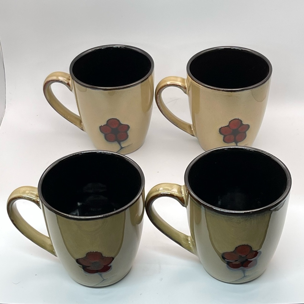 Pfaltzgraff Studio Aster Coffee Mugs Set of 4 Floral Tan Red‎ Flower Stoneware